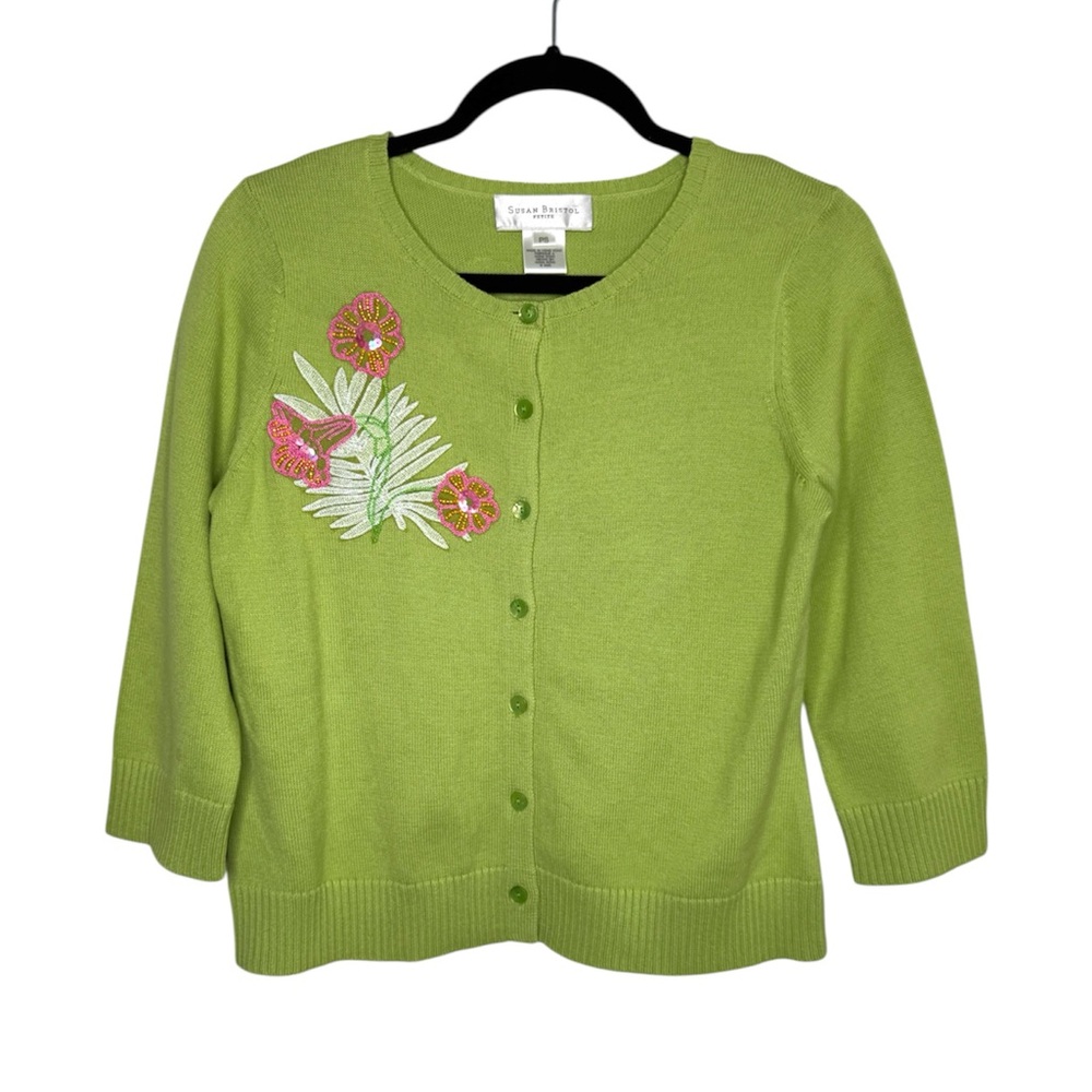 Susan Bristol womens S green flaming print Sequined button down cardigan vintage